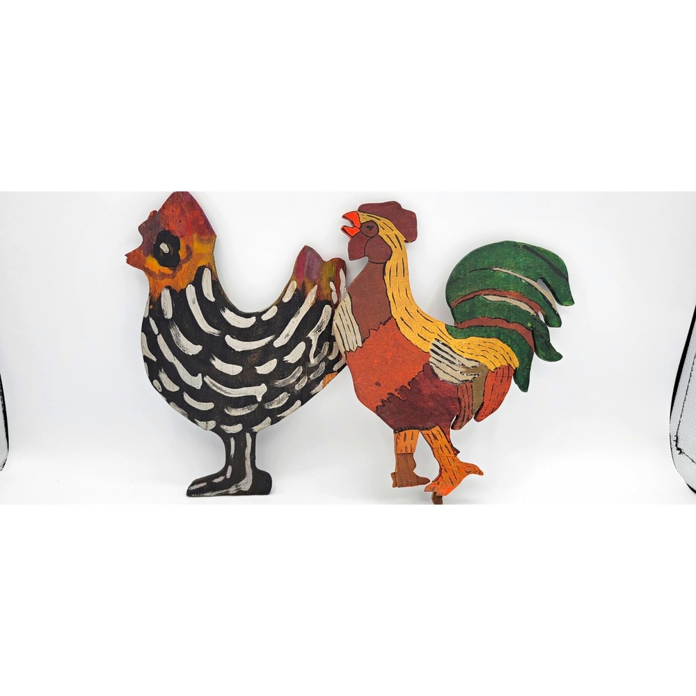 Hand-Painted Multicolor MCM Wooden Chicken And Rooster Decor Vintage Cottagecore